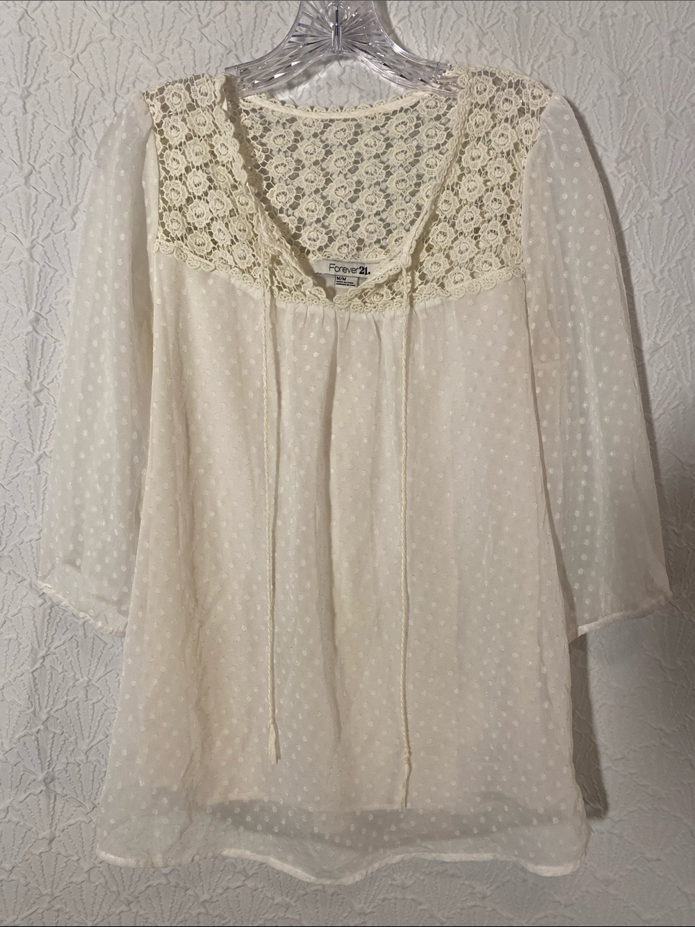 Forever 21 Cream Lace Yoke Swiss Dot Peasant Tunic Size M Breathtaking Timeless